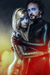 Lovers, couple of super heroes of the future, blonde girl and br