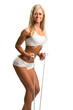 Young woman with skipping rope isolated on white