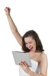 Photo: Frau mit digital tablet jubelt Frau mit digital tablet jubelt