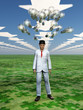 Idea bulbs hover above mans head in symbolic landscape