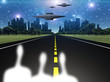Illustration: Aliens and ships outside of city Aliens and ships outside of city