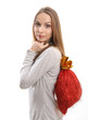 young woman with gift sack, isolated on white