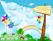 Spring background with wooden sign