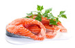 Slices of salmon, isolated on a white background.