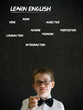Thinking boy business man with learn English background