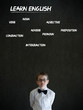 Thinking boy business man with learn English background