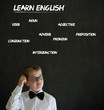 Thinking boy business man with learn English background