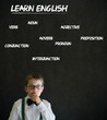 Thinking boy business man with learn English background