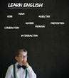 Thinking boy business man with learn English background
