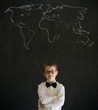 Thinking boy business man with chalk geography world map