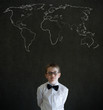 Thinking boy business man with chalk geography world map