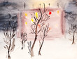 illuminated town house in winter night