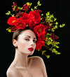 fashion model with hairstyle and flowers in her hair.