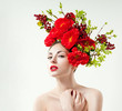 fashion model with hairstyle and flowers in her hair.