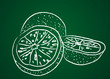 Fruits dessinés sur une ardoise verte : pamplemousse