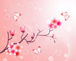 Flowering tree with butterflies on a pink background.