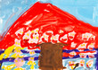 child's painting - red mountain and brown house