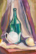 child's paiting - still life with green bottle and white teapot