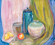 child's paiting - still life with kettle and ceramic bowls