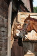 Portrait of teenage girl and chestnut horse near the wooden stab