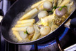 Cuisine, cuisson, poêle, asperges, artichaut, feu, légumes