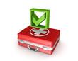 Illustration: Green tick mark on a red medical case. Green tick mark on a red medical case.
