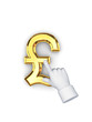 Illustration: Stylized pointing hand and pound sterling. Stylized pointing hand and pound sterling.