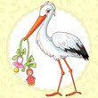 Baby greetings card with stork and pacifier for girl