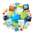Icons Flying Around Globe. Illustration