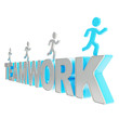 Human running symbolic figures over the word Teamwork