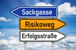 Wegweiser mit Sackgasse, Risikoweg und Erfolgsstraße