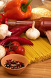 Italian raw pasta, cherry tomatoes, garlic, sauce and spices