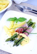 Green asparagus with, ham potato, basil and sauce