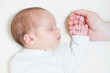 mother holding tiny hand of her cute month old baby