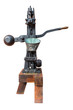 Vintage rusty steel and wooden wine bottle processing equipment