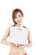 young woman holding weight scale and looking something