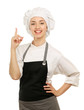 Chef woman in white uniform and hat pointing up