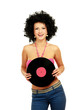 Photo: woman in afro wig holding vinil disc woman in afro wig holding vinil disc