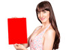 Cute female with red placard for your message
