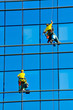 Washers wash the windows of modern skyscraper