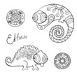 Chameleons and flowers in black color and ethnic style.