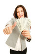 A young woman with dollars in her hands and showing ok