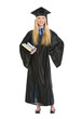 Full length portrait of woman in graduation gown with books