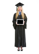 Portrait of woman in graduation gown showing tablet pc