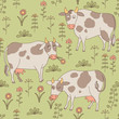Seamless texture with cows, bull and flowers in the style of car