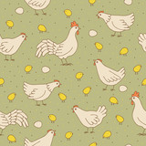 Seamless texture with cocks, hens and chicks.