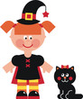Vector: witch cat – vector illustration, little witch and black cat witch cat – vector illustration, little witch and black cat