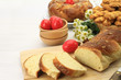 Easter sweet bread with red eggs and shortbread cookies