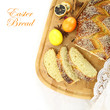 Easter sweet bread with multicolored eggs and shortbread cookies