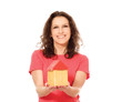 Young woman with toy house isolated on white background